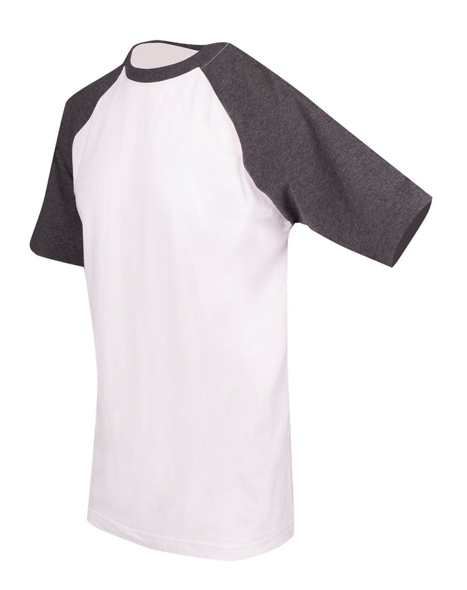A unisex raglan sleeve tee featuring a white body and grey sleeves. The tee has a simple design and includes a logo.