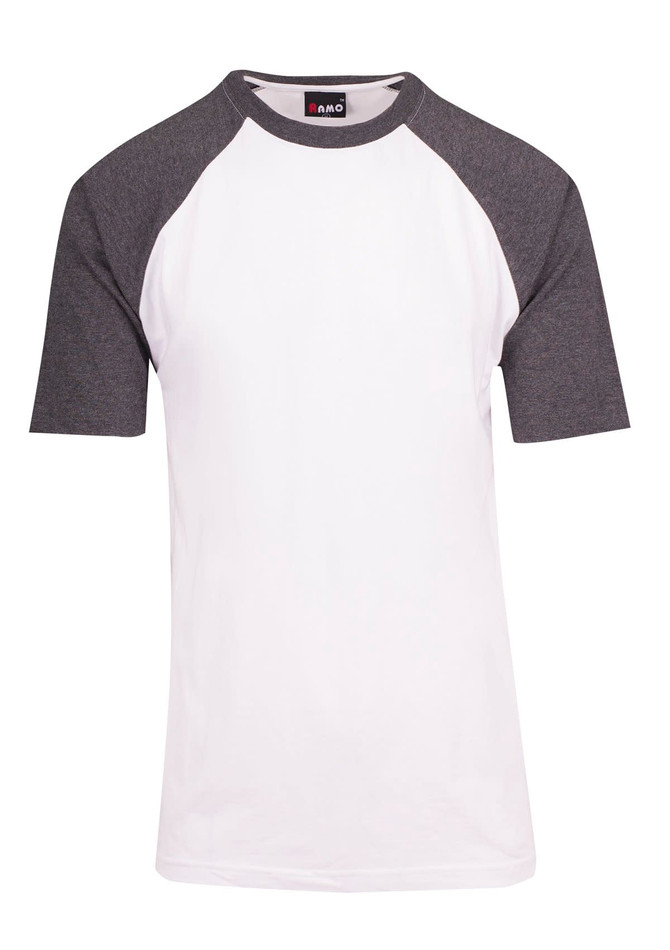 A men's/unisex raglan sleeve tee in white with grey sleeves. The shirt features a logo on the label.