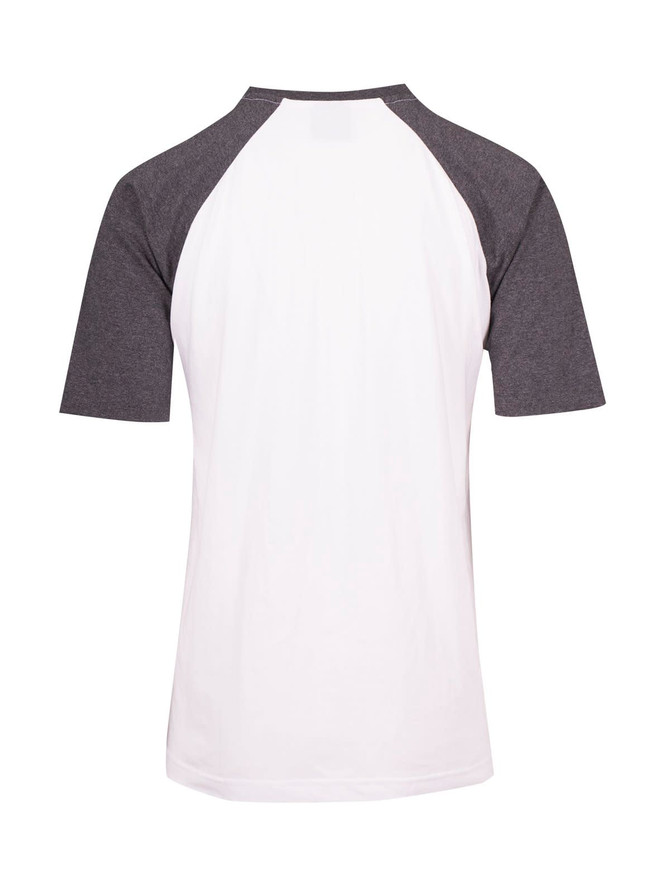 A men's unisex raglan sleeve tee featuring a white body and dark grey sleeves, with a logo on the back.
