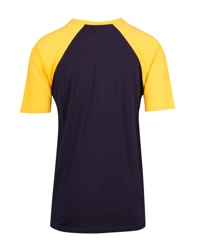 A unisex raglan sleeve tee featuring navy blue and yellow colours with a logo on the back.
