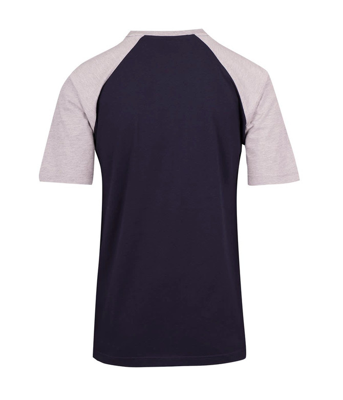 A navy and grey unisex raglan sleeve tee with a simple design and a logo on the back.