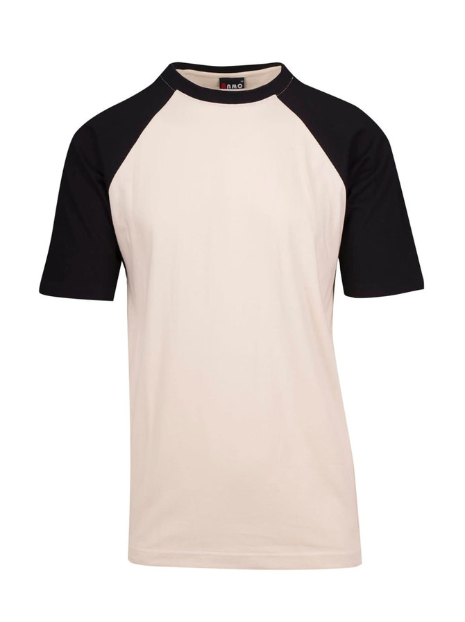 A unisex raglan sleeve tee featuring a cream body and black sleeves. The shirt includes a brand logo.