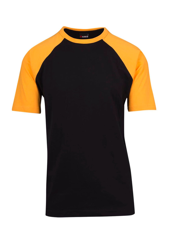 A unisex raglan sleeve tee featuring a black body and yellow sleeves. The design includes a logo on the label.