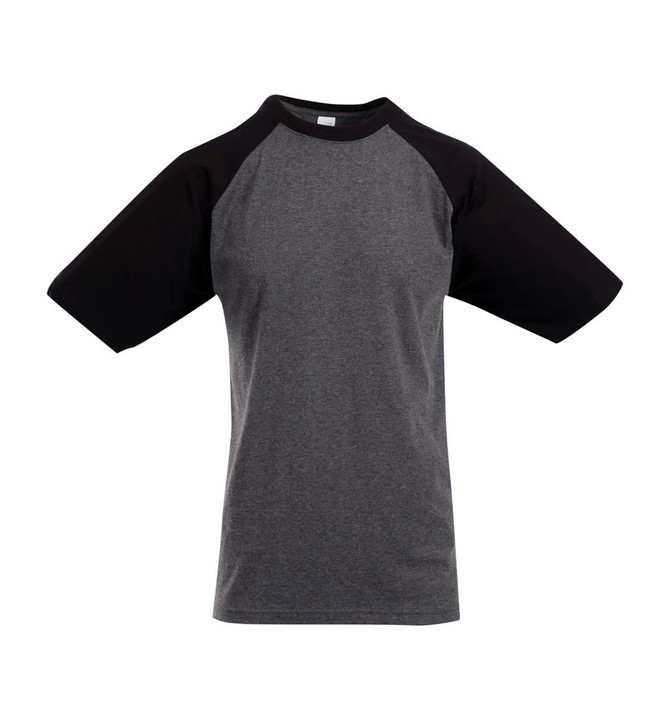 A grey and black raglan sleeve tee with short sleeves and a logo. Suitable for men and unisex.