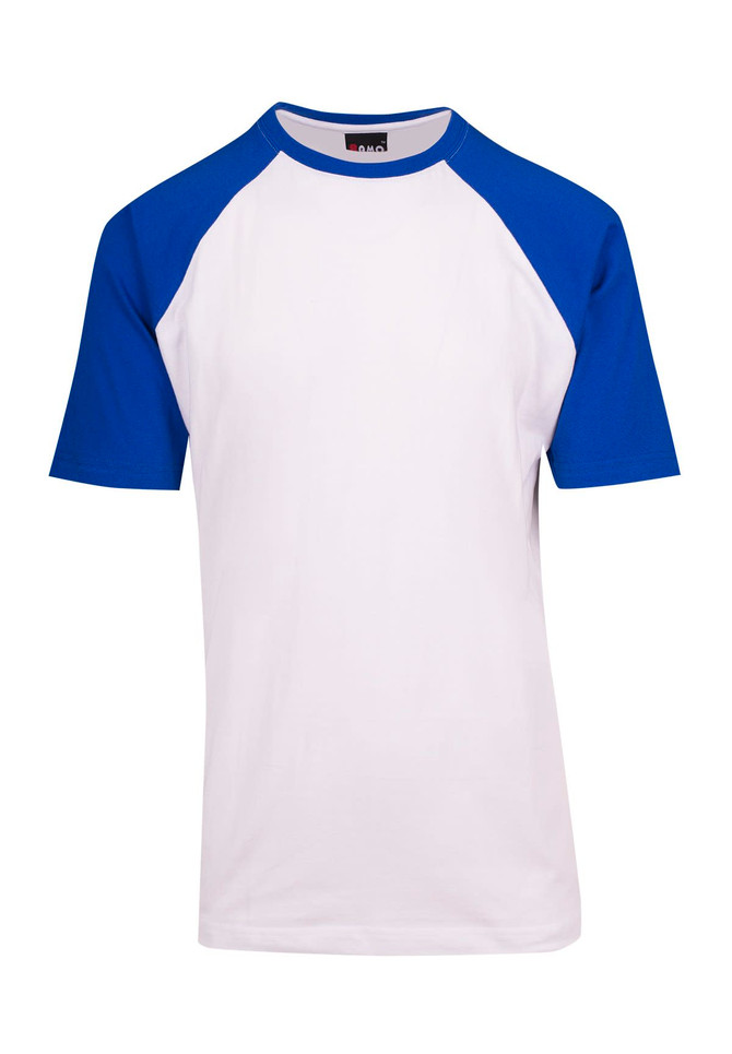A unisex raglan sleeve tee featuring blue sleeves and a white body. Includes a branding logo.
