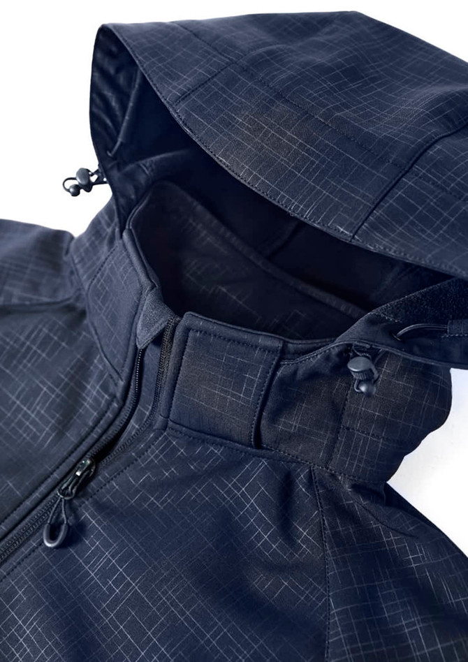 A women's soft shell jacket in navy blue with a geometric pattern and a hood, featuring a logo.