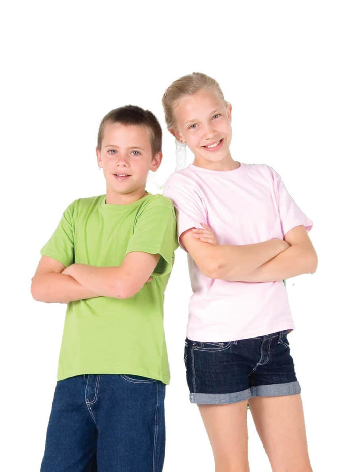 A green and a pink kid's regular T-shirt worn by two children with arms crossed, against a white background.