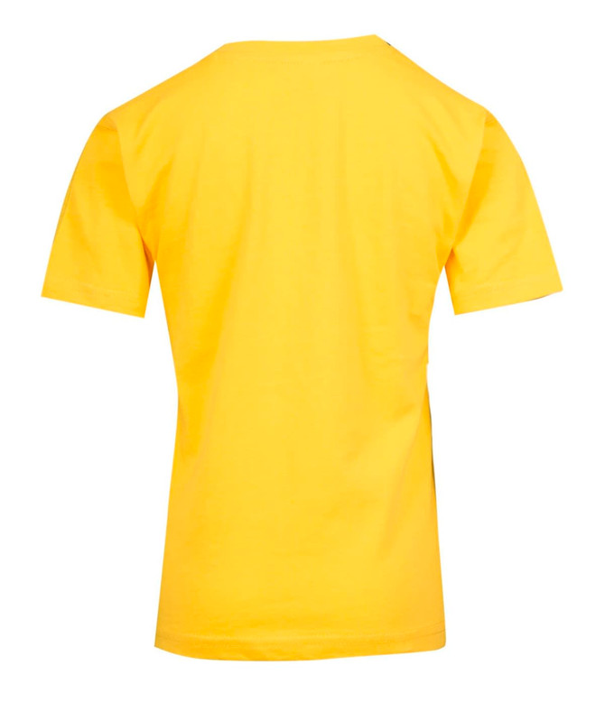A yellow kids' regular T-shirt with short sleeves and a plain back, featuring a logo.