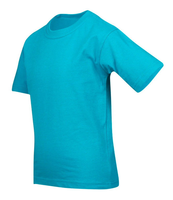 A turquoise kid's regular t-shirt with short sleeves and a round neck. It has a logo on the front.