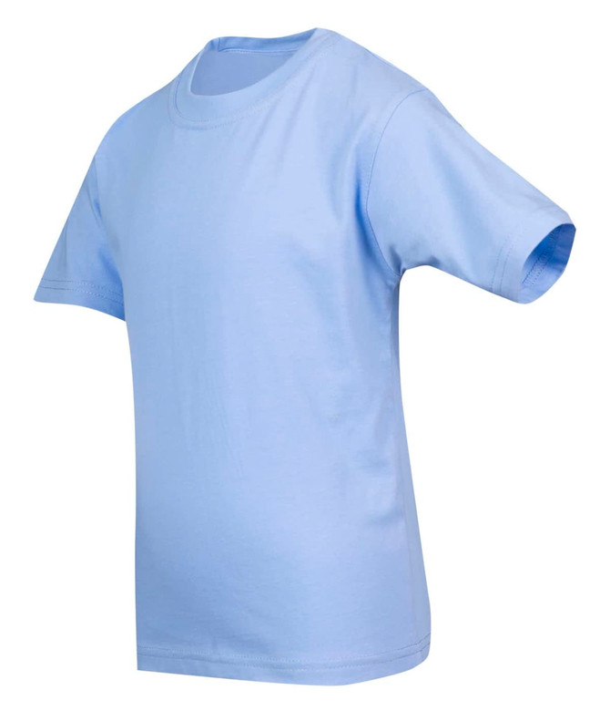 A light blue kid's regular T-shirt featuring short sleeves and a front view. The item has a logo on the side.