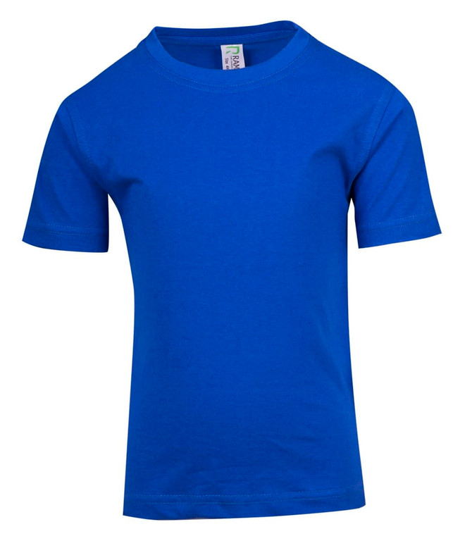 A blue kid's regular T-shirt featuring a round neckline and short sleeves, with a small logo on the label.