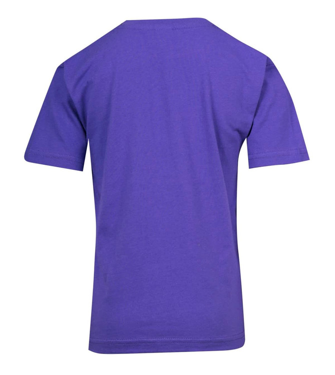 A purple kid's regular T-shirt featuring short sleeves and a rear view, with a brand logo present.