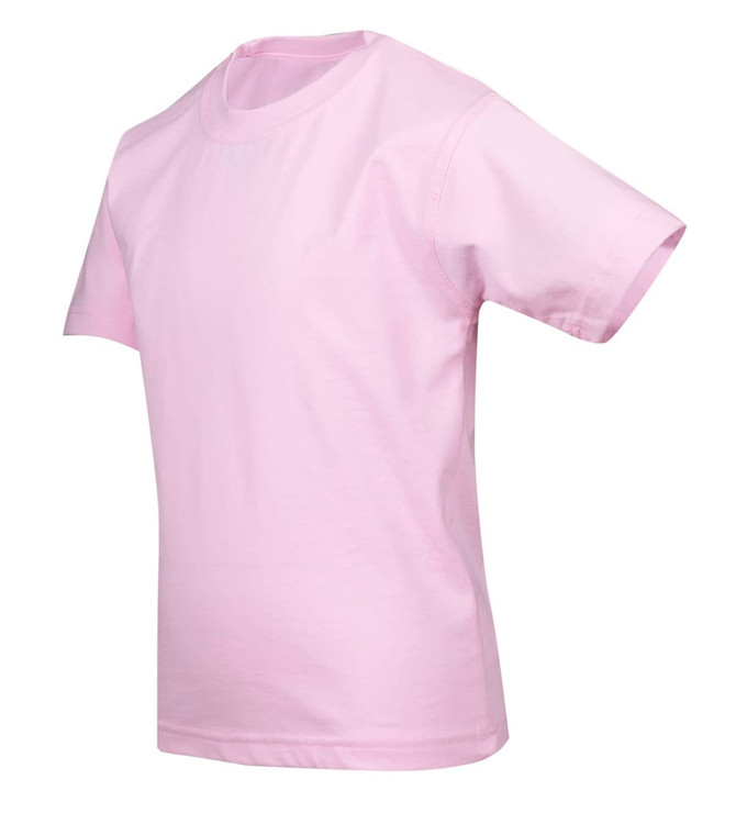 A pink kid's regular T-shirt with short sleeves and a plain design. It has a logo on the side.