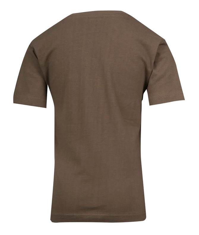 A kid's regular T-shirt in olive green, featuring a plain back without any visible branding or design.