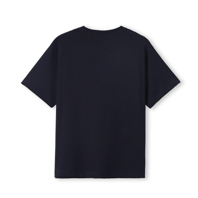 A back view of a navy blue kid's regular T-shirt with short sleeves and a plain design, featuring a logo.