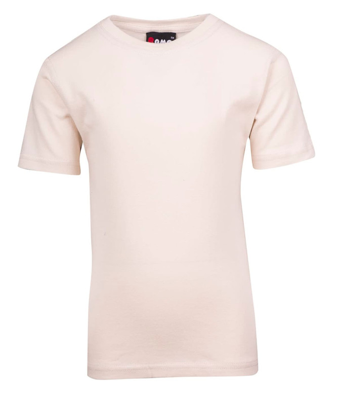 A kids' regular T-shirt in a light cream colour, featuring short sleeves and a simple design. It has a branding label.