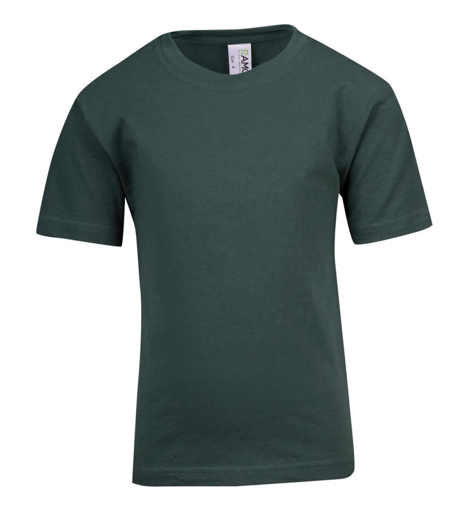 A green kid's regular T-shirt with short sleeves and a plain design, featuring a logo label on the neckline.