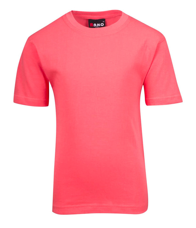 A pink kid's regular T-shirt with short sleeves and a round neck, featuring a label.