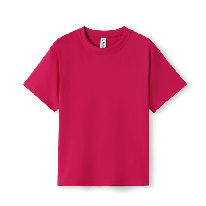 A pink kid's regular T-shirt with a crew neck and short sleeves. It has a logo on the label.