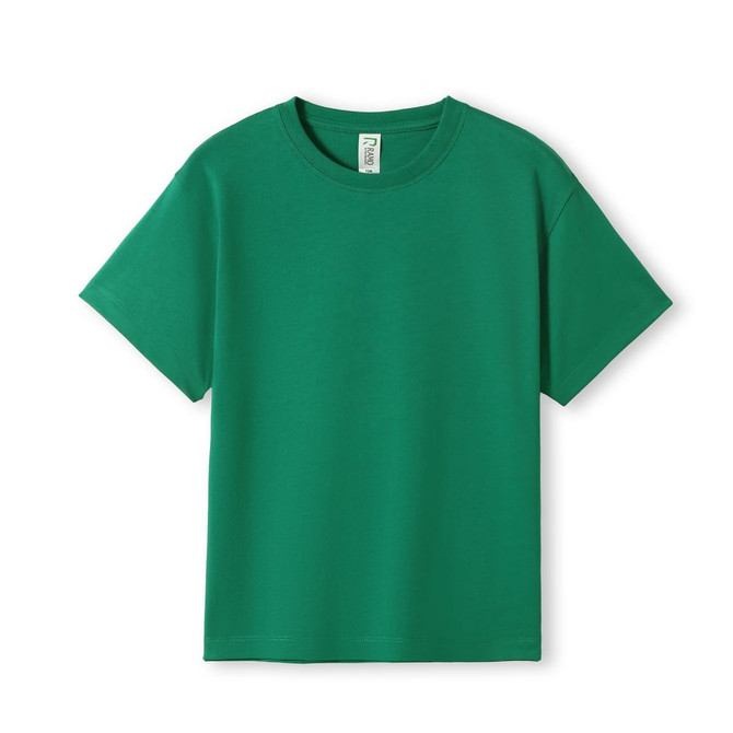 A green kid's regular T-shirt with a classic crew neckline and short sleeves. It has a tag inside.