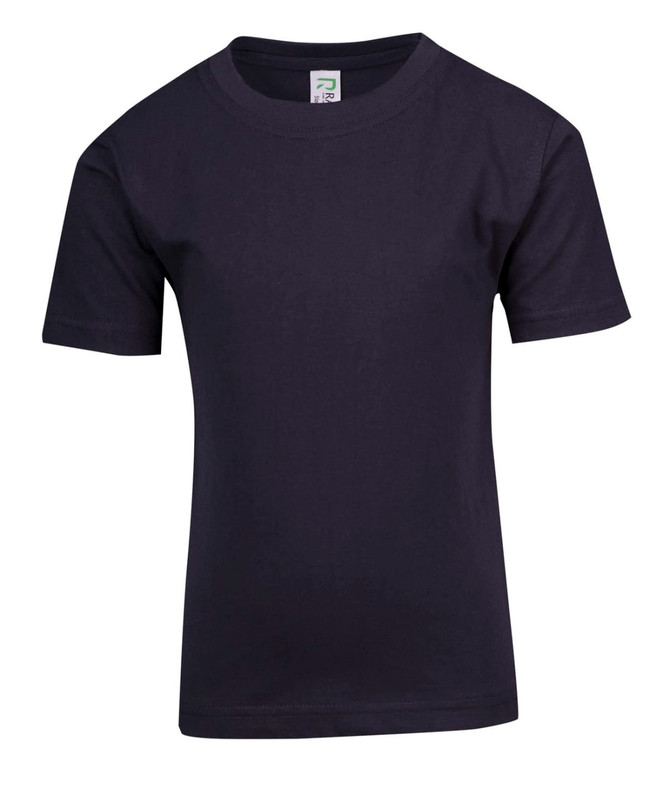 A navy blue regular T-shirt for kids, featuring short sleeves and a crew neck. It has a logo on the inside label.