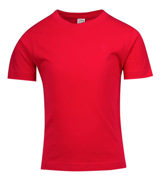 A red Kid's Regular T-shirt with short sleeves, featuring a small logo on the front.