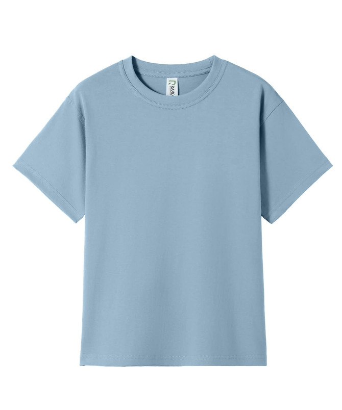 A light blue kid's regular T-shirt with short sleeves and a round neckline, featuring a label.