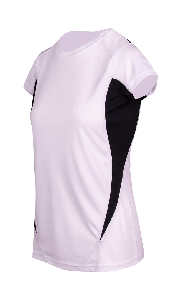 A women's T-shirt in white with black side panels, featuring a logo on the front.