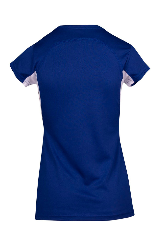 A blue and white women's T-shirt featuring short sleeves and a sporty design, with a logo on the back.