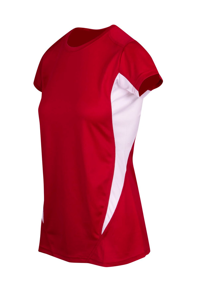 A red and white women's T-shirt with short sleeves and a sporty design, featuring a logo on the side.