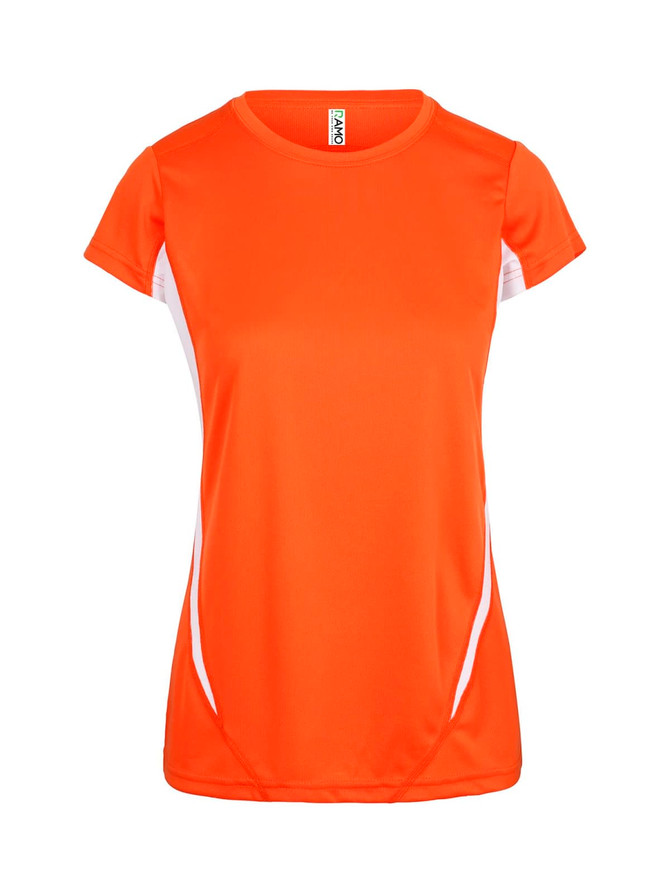 An orange women's t-shirt with short sleeves and white side panels. It includes a logo on the front.
