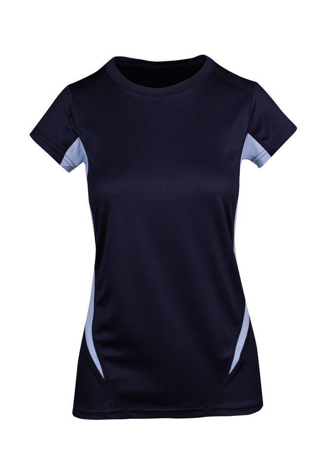 A women's cool-dry T-shirt in navy blue with light blue accents and a logo. Short sleeves and a fitted design.