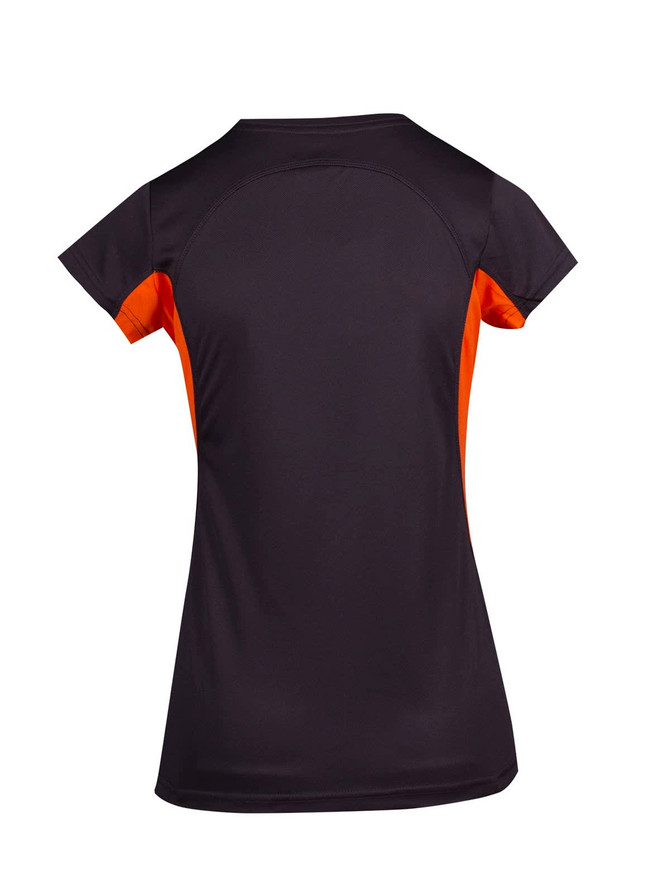 A women's short-sleeve T-shirt in black with orange accents, featuring a logo on the back.