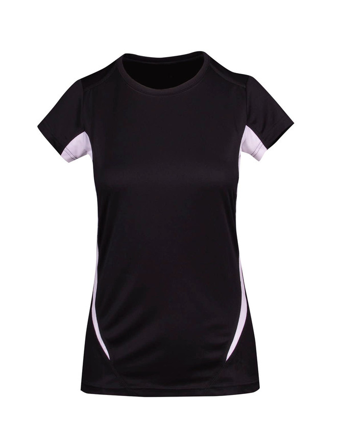 A black women's T-shirt with short sleeves featuring white accents and a logo.