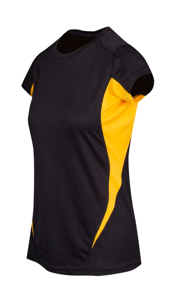 A black and yellow Women's Accelerator Cool-Dry T-shirt featuring short sleeves and a sporty design.
