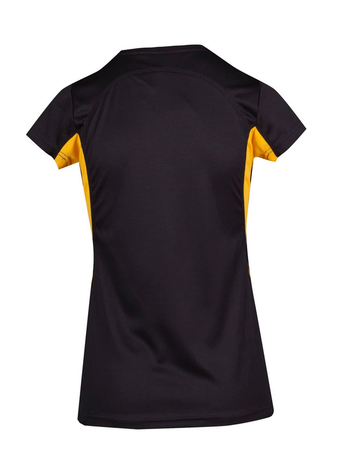 A women's black and yellow t-shirt with a fitted design and short sleeves, featuring a logo on the back.