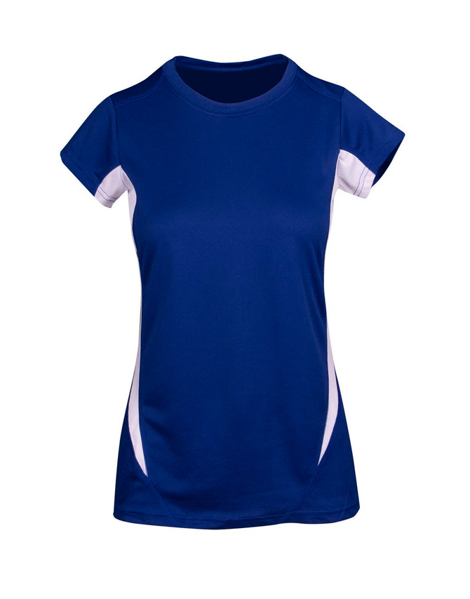 A women's T-shirt in navy blue with white accents and a logo on the front. Short sleeves and a sporty design.