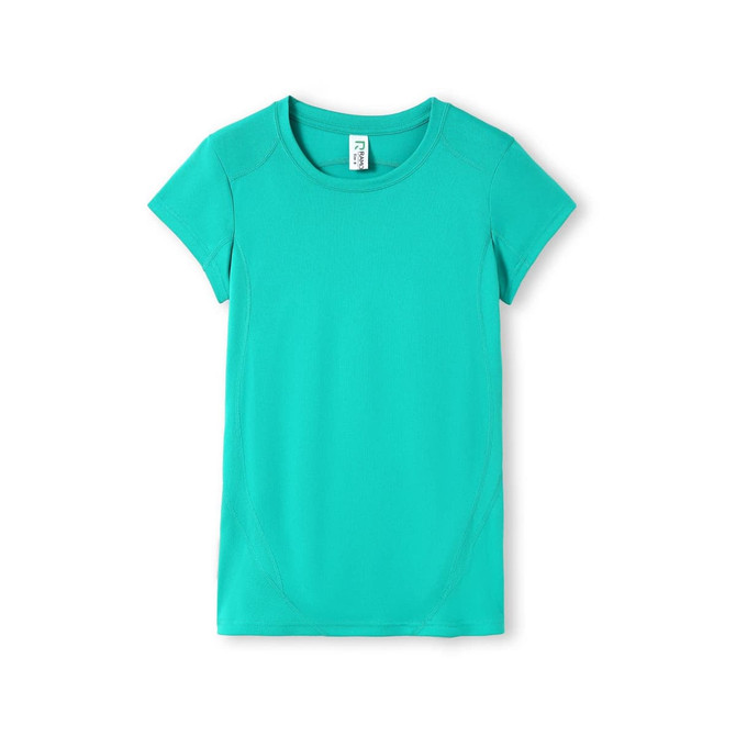 A women's short-sleeve T-shirt in teal, featuring a fitted design and a logo.