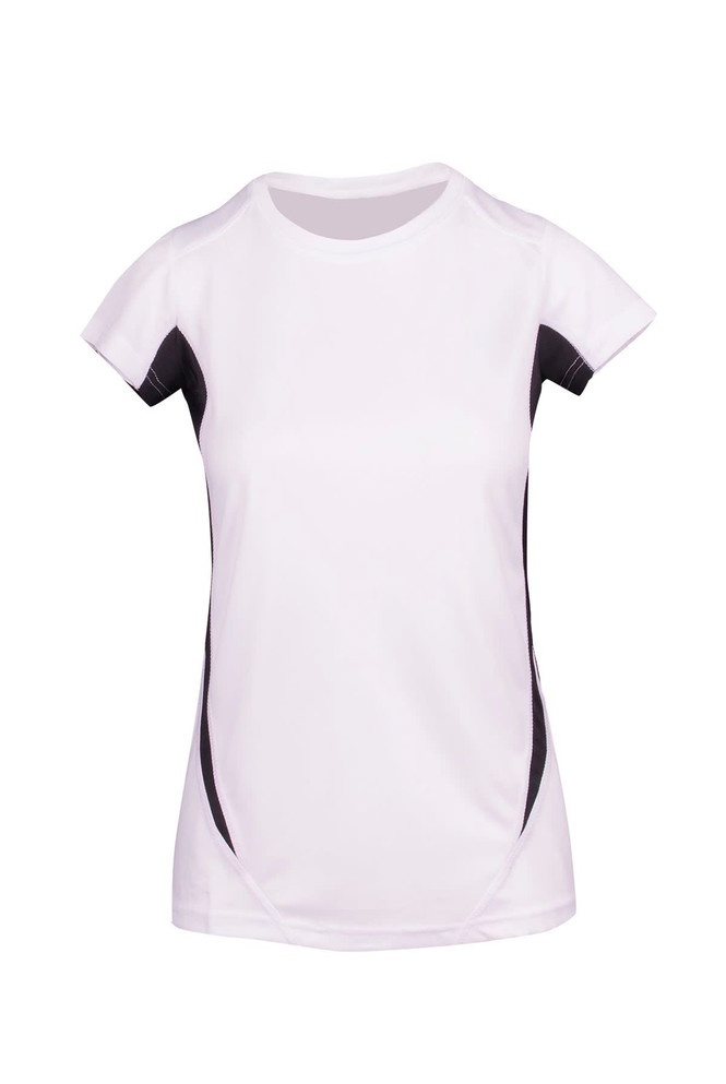 A white women's T-shirt with black accents, featuring short sleeves and a fitted design. It has a logo on it.