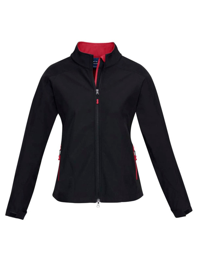 A black soft shell women's jacket featuring red accents and a zippered front, with side pockets and a logo.