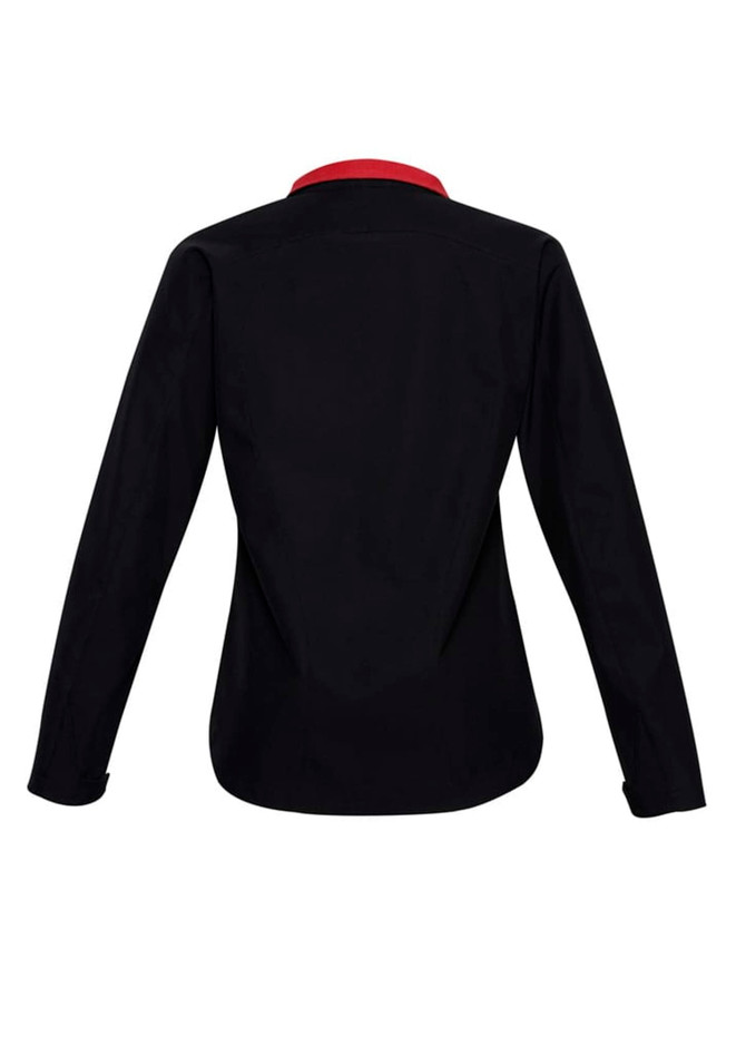 A black women's soft shell jacket with a red collar, featuring a logo on the back.