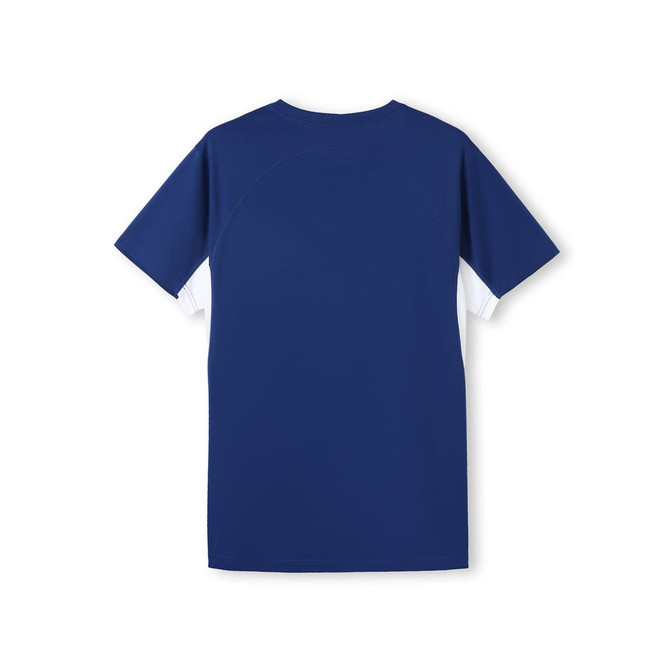 A blue men’s t-shirt with a smooth fabric and a back view. The shirt features a logo on the side.