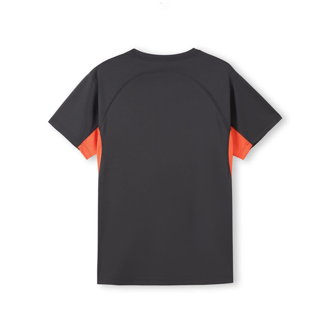 A men's T-shirt in dark grey with orange accents, featuring a smooth back design and a logo.