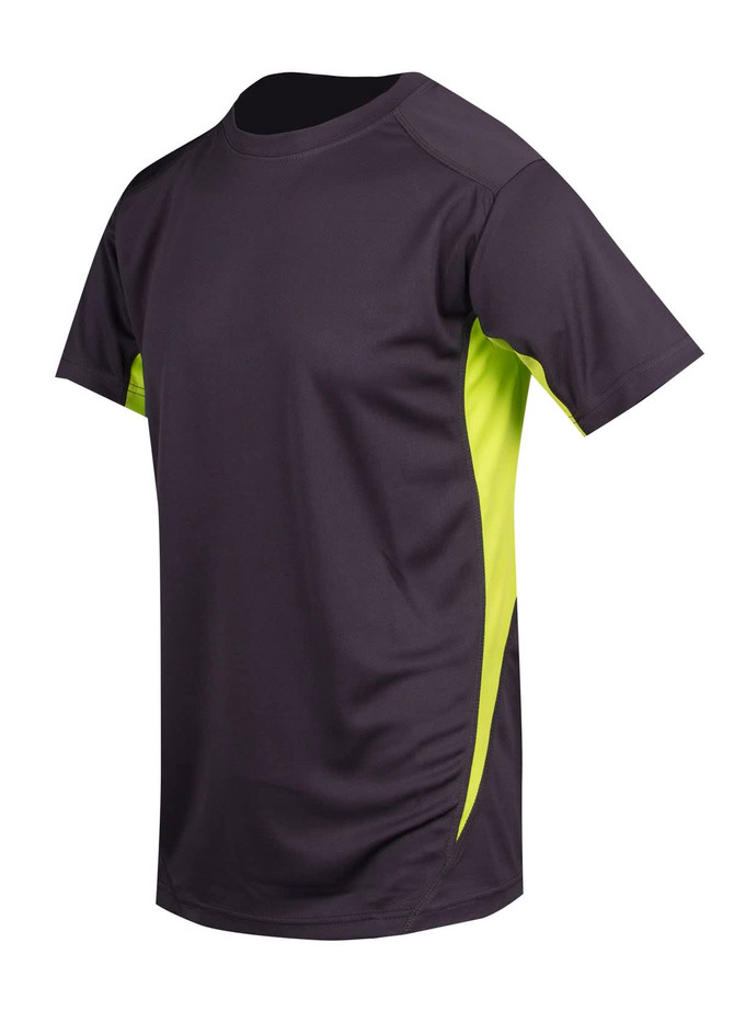 A men's T-shirt in black with bright green side panels. It features a logo and a cool dry fabric.