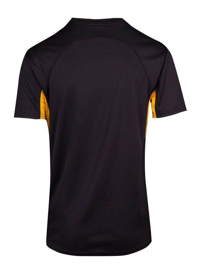 A black and yellow men's t-shirt featuring a logo, designed for cool and dry comfort.