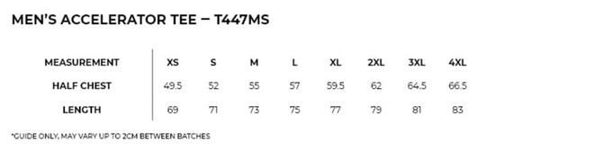 A size chart for the Men's Accelerator Cool Dry T-shirt, listing measurements for various sizes and including a logo.