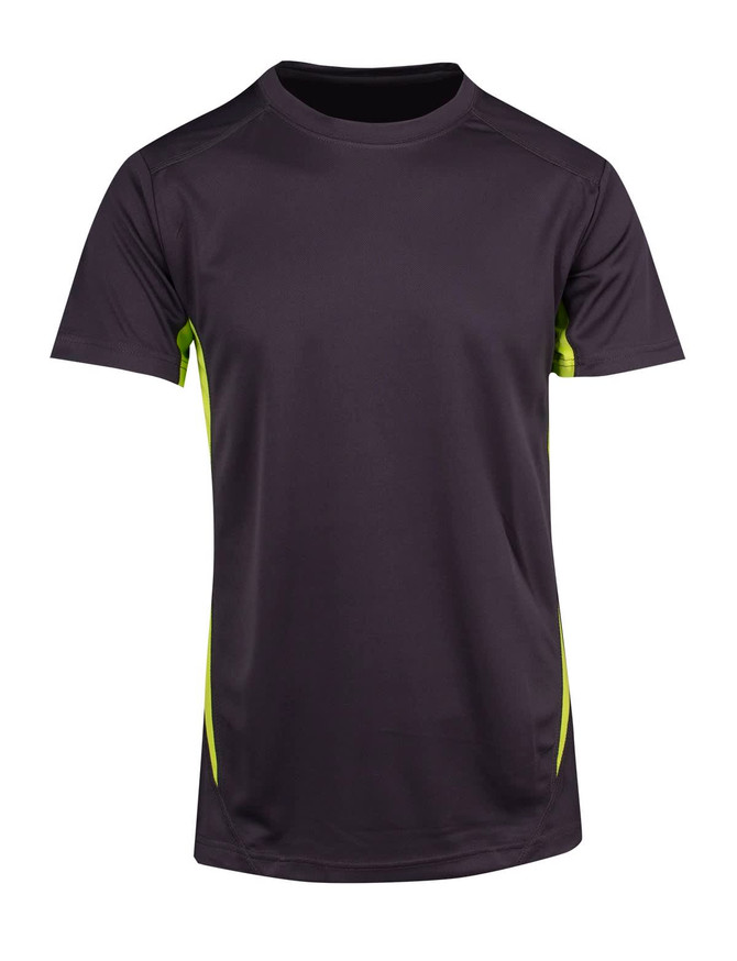 A short-sleeve men's T-shirt in black with bright green accents, featuring a logo on the front.