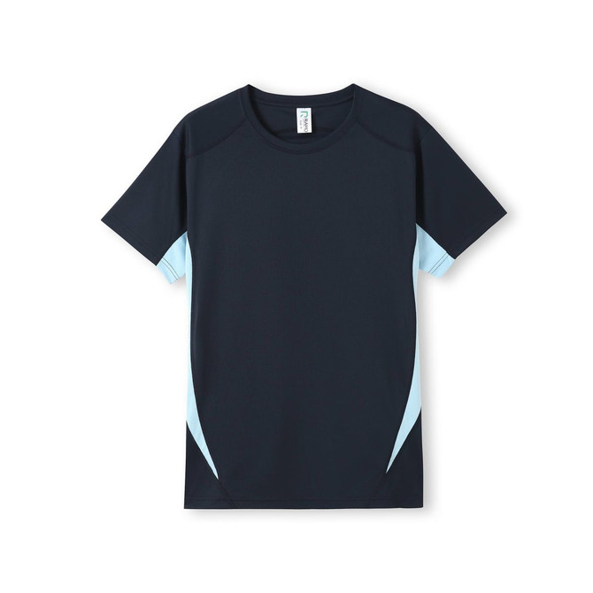 A navy blue and light blue men's t-shirt with short sleeves and a logo.