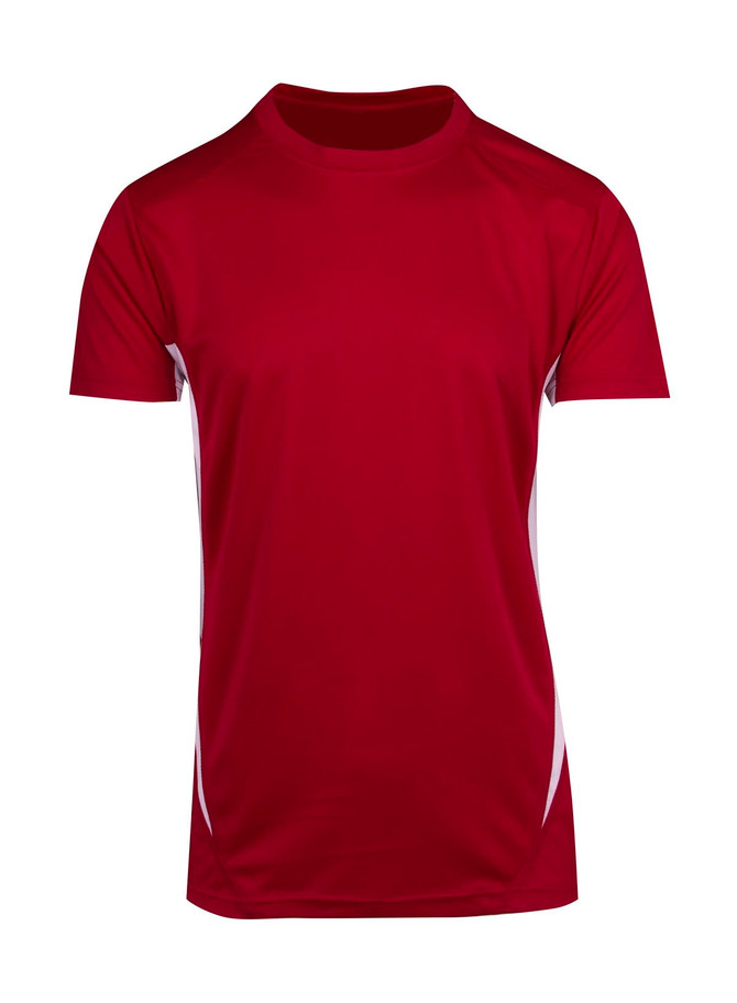 A red men's T-shirt with short sleeves and white side accents, featuring a logo.