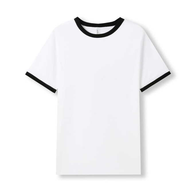 A white unisex ringer T-shirt with black collar and sleeve edges. The shirt features a logo on the tag.